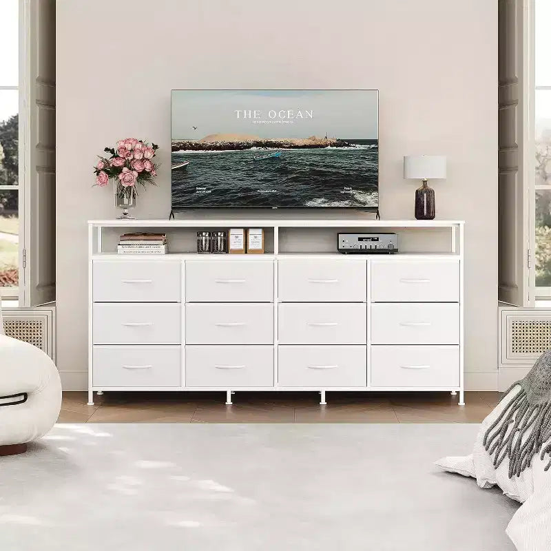 Comò lungo 160 cm per soggiorno, comò in tessuto a 12 cassetti con porta TV per camera da letto, cassettiera con ripiani aperti
