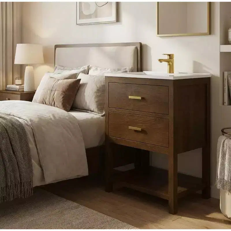 Mobile bagno da 30 pollici con lavabo, mobiletto rustico con cassetti e ripiano aperto, facile da montare, piedini regolabili, noce
