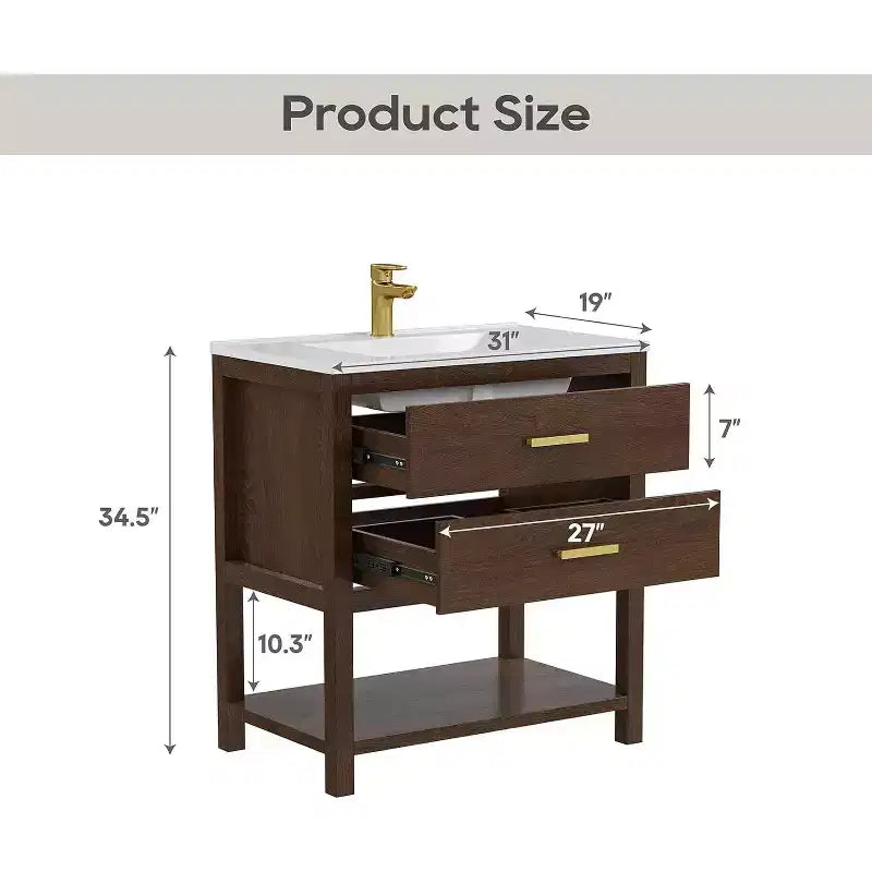 Mobile bagno da 30 pollici con lavabo, mobiletto rustico con cassetti e ripiano aperto, facile da montare, piedini regolabili, noce