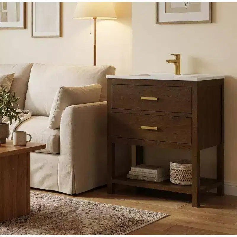 Mobile bagno da 30 pollici con lavabo, mobiletto rustico con cassetti e ripiano aperto, facile da montare, piedini regolabili, noce