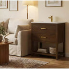 Mobile bagno da 30 pollici con lavabo, mobiletto rustico con cassetti e ripiano aperto, facile da montare, piedini regolabili, noce