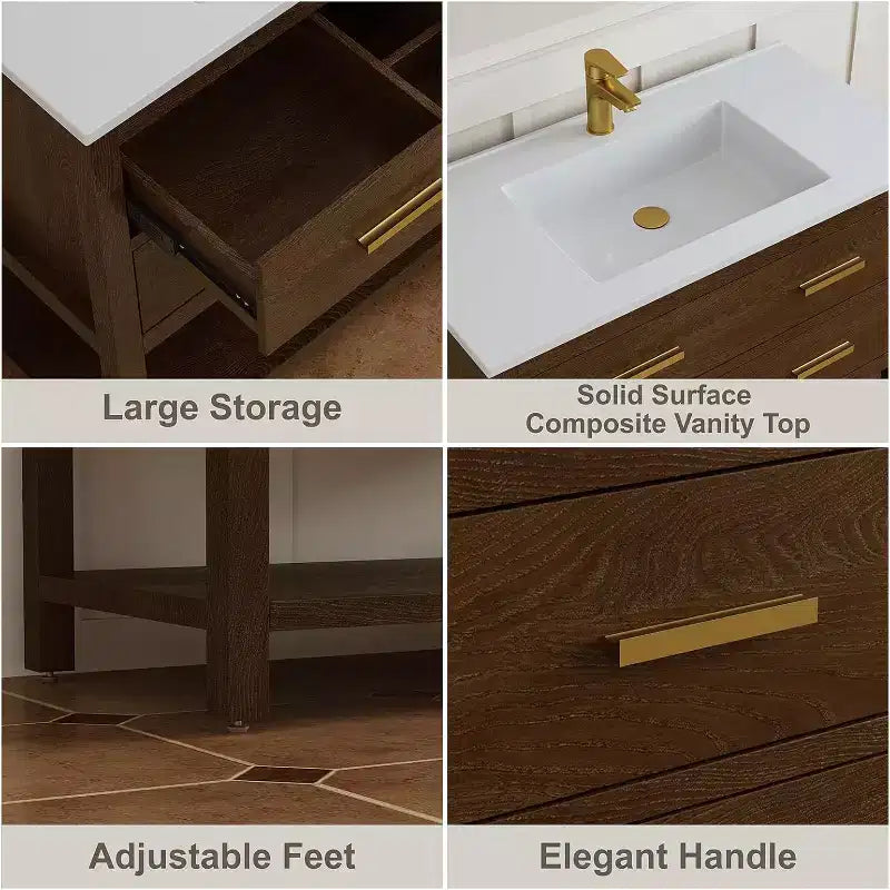 Mobile bagno da 30 pollici con lavabo, mobiletto rustico con cassetti e ripiano aperto, facile da montare, piedini regolabili, noce