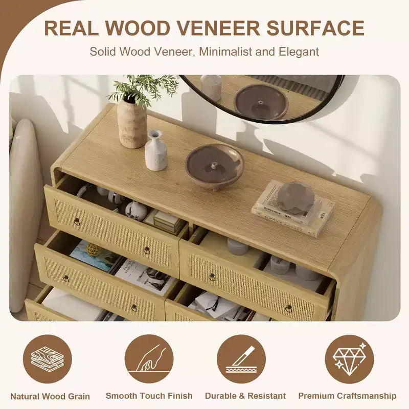 Cassettiera in Rattan ad Arco Larga 46 - Cassettiera da Camera a 6 Cassetti, Contenitore per Soggiorno e Corridoio, Cassettiera in Legno di Ispirazione Mid-Century