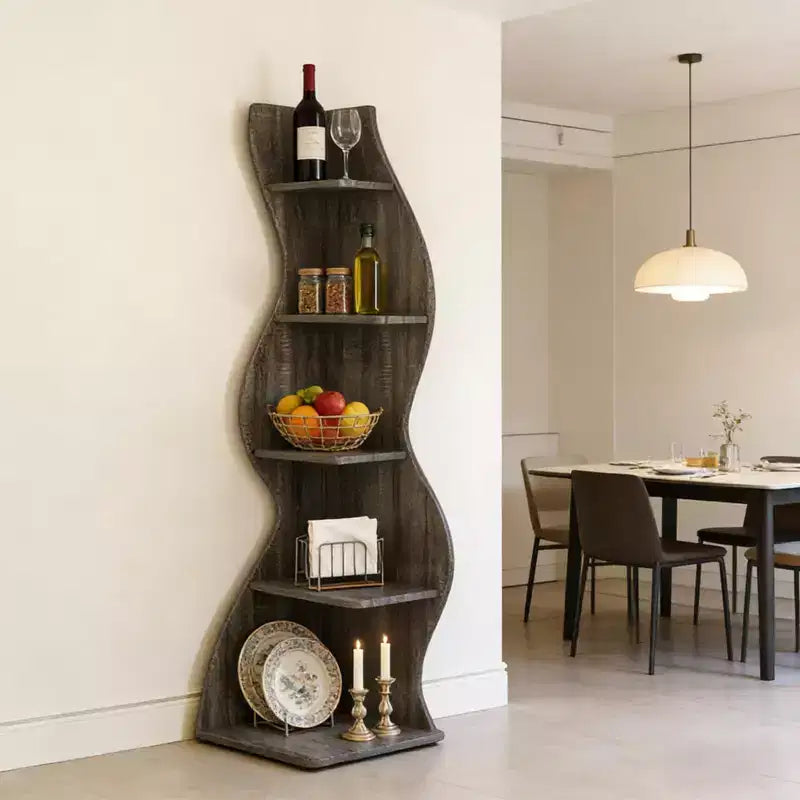 NAYSAYE Elegante Scaffale ad Angolo a 5 Ripiani Espositore Universale Moderno Scaffale Portaoggetti in Legno per Soggiorno Ufficio, 19.7*18.91*70.53