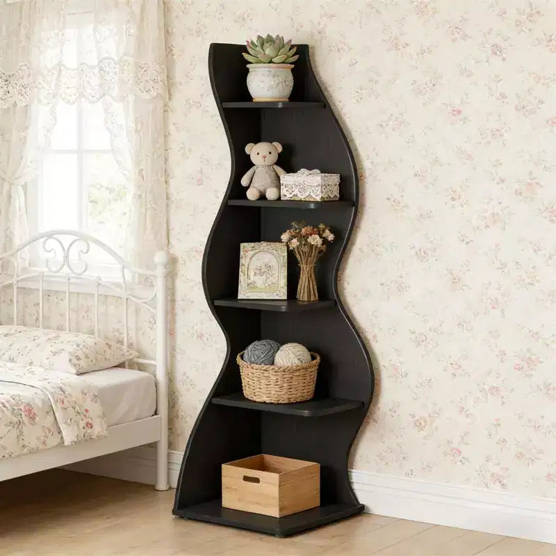 NAYSAYE Elegante Scaffale ad Angolo a 5 Ripiani Espositore Universale Moderno Scaffale Portaoggetti in Legno per Soggiorno Ufficio, 19.7*18.91*70.53