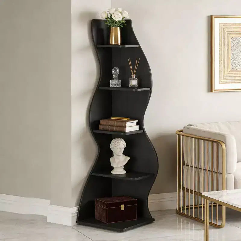 NAYSAYE Elegante Scaffale ad Angolo a 5 Ripiani Espositore Universale Moderno Scaffale Portaoggetti in Legno per Soggiorno Ufficio, 19.7*18.91*70.53