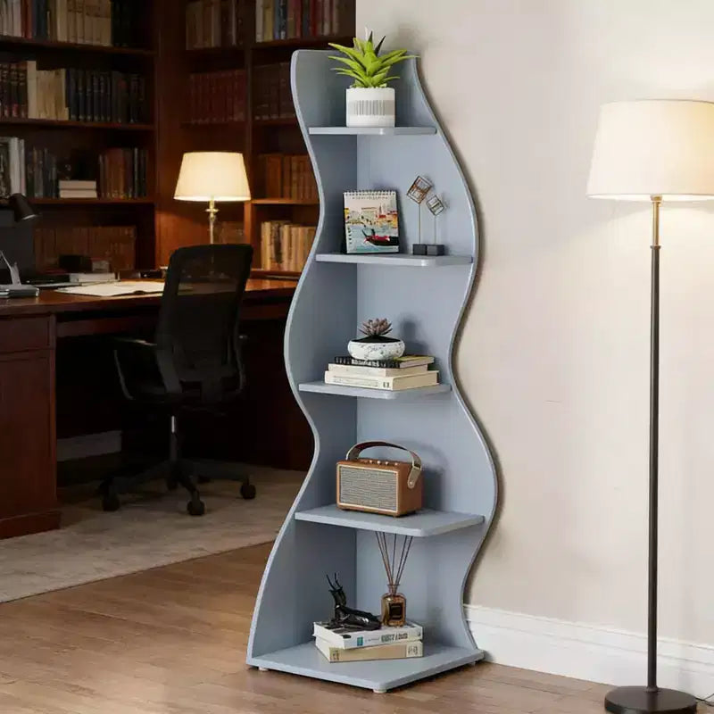 NAYSAYE Elegante Scaffale ad Angolo a 5 Ripiani Espositore Universale Moderno Scaffale Portaoggetti in Legno per Soggiorno Ufficio, 19.7*18.91*70.53