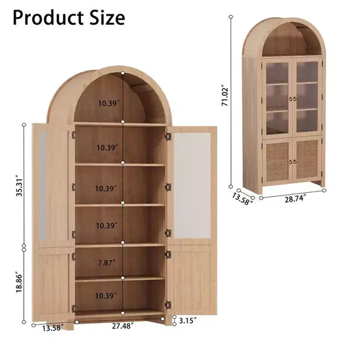 Libreria ad arco da 71" con ante in vetro e scomparti in rattan, credenza da cucina moderna con ripiani regolabili, armadio in legno per sala da pranzo e soggiorno