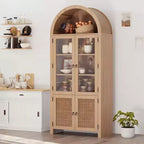 Libreria ad arco da 71" con ante in vetro e scomparti in rattan, credenza da cucina moderna con ripiani regolabili, armadio in legno per sala da pranzo e soggiorno