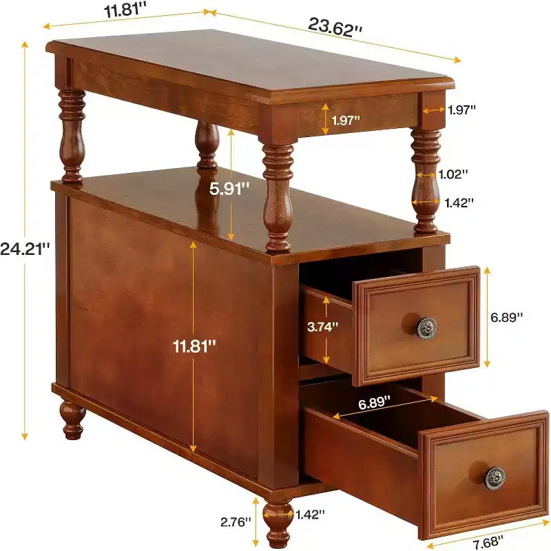 Tavolino Lantine in Legno di Noce: Mid-Century, 2 Cassetti, Scaffale Contenitore, Sottile, Tavolino d'Appoggio per Soggiorno, Facile da Montare