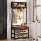 Lantine 3-in-1 Entryway Hall Tree with Drawer, Vintage Industrial Coat Rack with Shoe Bench and Hutch for Living Room, Bedroom, Brown