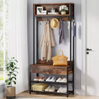 Lantine Albero da Ingresso 3-in-1 con Cassetto, Attaccapanni Industriale Vintage con Panchina Porta Scarpe e Mobiletto per Soggiorno, Camera da Letto, Marrone