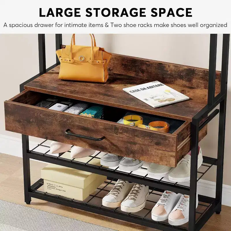 Lantine Albero da Ingresso 3-in-1 con Cassetto, Attaccapanni Industriale Vintage con Panchina Porta Scarpe e Mobiletto per Soggiorno, Camera da Letto, Marrone