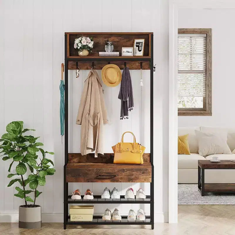Lantine Albero da Ingresso 3-in-1 con Cassetto, Attaccapanni Industriale Vintage con Panchina Porta Scarpe e Mobiletto per Soggiorno, Camera da Letto, Marrone