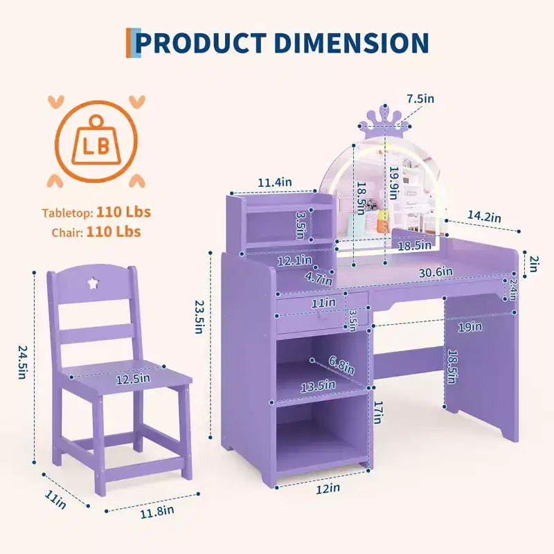 Toeletta per bambine con luci, tavolo da trucco per principesse 2 in 1 con sedia, libreria aperta, armadietto e mensole per bambine