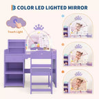 Toeletta per bambine con luci, tavolo da trucco per principesse 2 in 1 con sedia, libreria aperta, armadietto e mensole per bambine