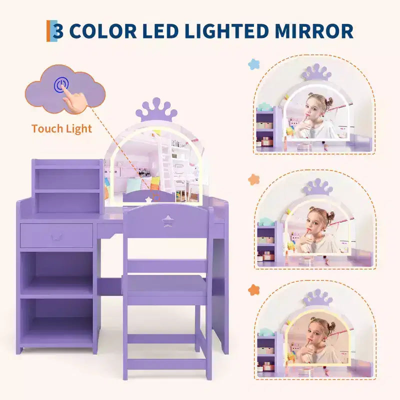 Toeletta per bambine con luci, tavolo da trucco per principesse 2 in 1 con sedia, libreria aperta, armadietto e mensole per bambine