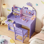 Toeletta per bambine con luci, tavolo da trucco per principesse 2 in 1 con sedia, libreria aperta, armadietto e mensole per bambine