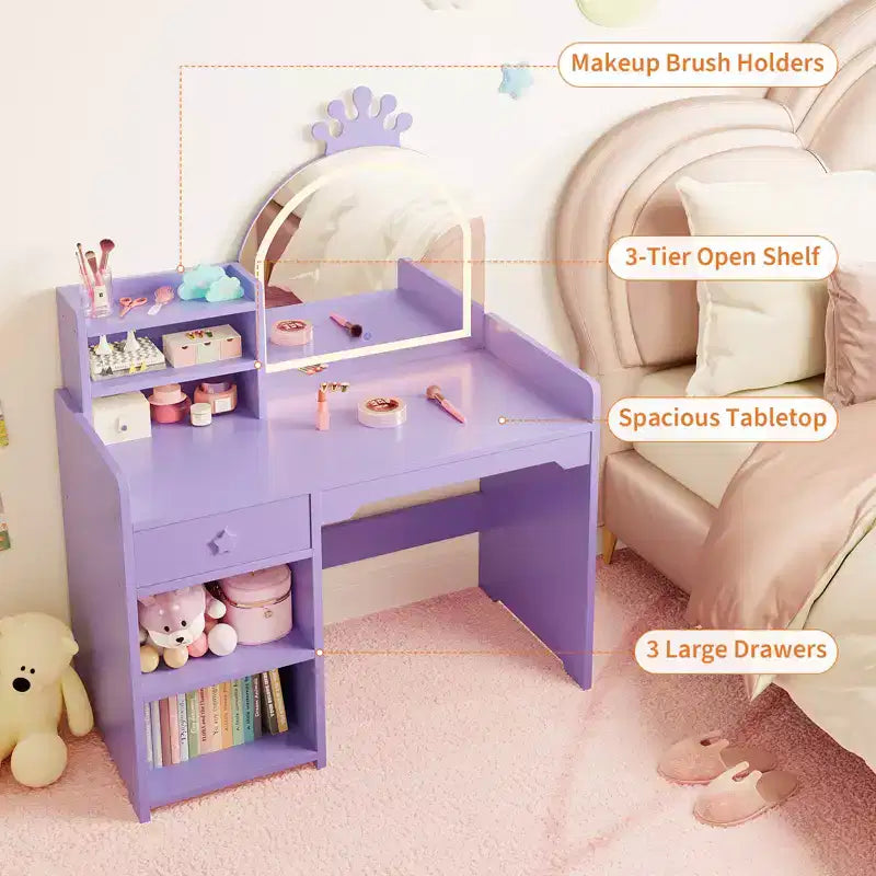 Toeletta per bambine con luci, tavolo da trucco per principesse 2 in 1 con sedia, libreria aperta, armadietto e mensole per bambine
