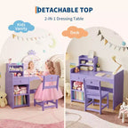 Toeletta per bambine con luci, tavolo da trucco per principesse 2 in 1 con sedia, libreria aperta, armadietto e mensole per bambine