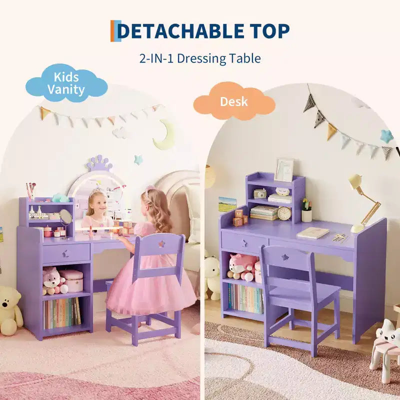 Toeletta per bambine con luci, tavolo da trucco per principesse 2 in 1 con sedia, libreria aperta, armadietto e mensole per bambine