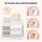 Toeletta per bambine con luci, tavolo da trucco per principesse 2 in 1 con sedia, libreria aperta, armadietto e mensole per bambine
