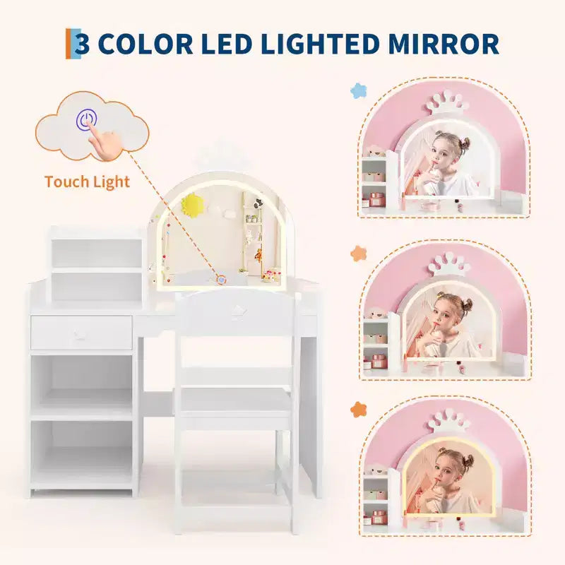 Toeletta per bambine con luci, tavolo da trucco per principesse 2 in 1 con sedia, libreria aperta, armadietto e mensole per bambine