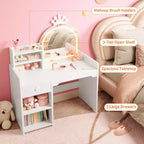 Toeletta per bambine con luci, tavolo da trucco per principesse 2 in 1 con sedia, libreria aperta, armadietto e mensole per bambine