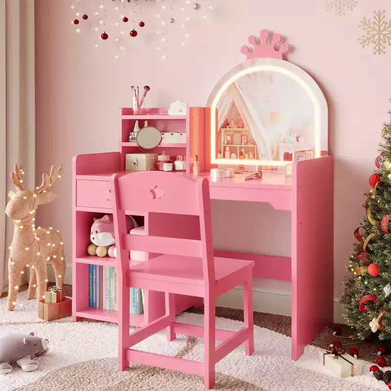 Toeletta per bambine con luci, tavolo da trucco per principesse 2 in 1 con sedia, libreria aperta, armadietto e mensole per bambine