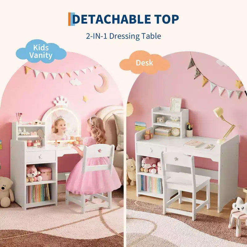Toeletta per bambine con luci, tavolo da trucco per principesse 2 in 1 con sedia, libreria aperta, armadietto e mensole per bambine