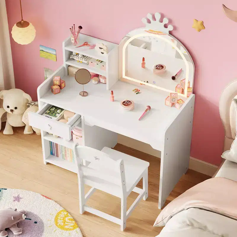 Toeletta per bambine con luci, tavolo da trucco per principesse 2 in 1 con sedia, libreria aperta, armadietto e mensole per bambine