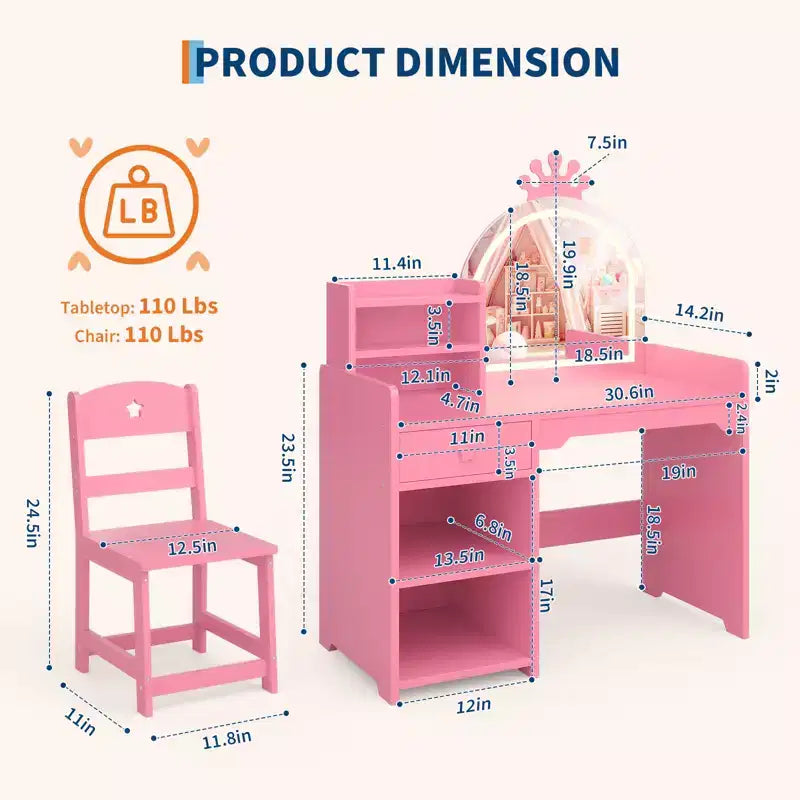 Toeletta per bambine con luci, tavolo da trucco per principesse 2 in 1 con sedia, libreria aperta, armadietto e mensole per bambine