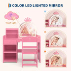 Toeletta per bambine con luci, tavolo da trucco per principesse 2 in 1 con sedia, libreria aperta, armadietto e mensole per bambine