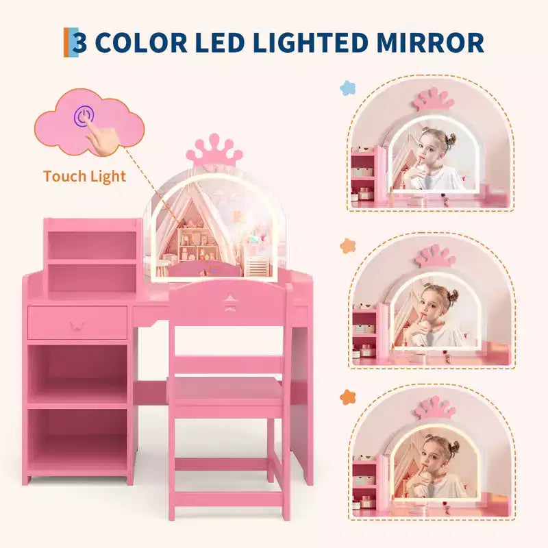 Toeletta per bambine con luci, tavolo da trucco per principesse 2 in 1 con sedia, libreria aperta, armadietto e mensole per bambine