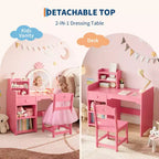 Toeletta per bambine con luci, tavolo da trucco per principesse 2 in 1 con sedia, libreria aperta, armadietto e mensole per bambine