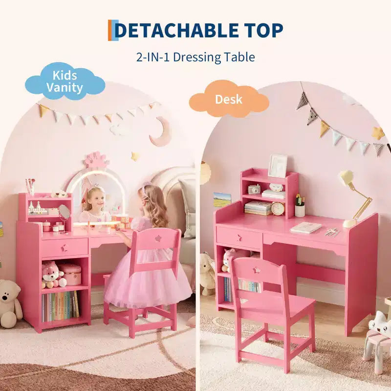 Toeletta per bambine con luci, tavolo da trucco per principesse 2 in 1 con sedia, libreria aperta, armadietto e mensole per bambine