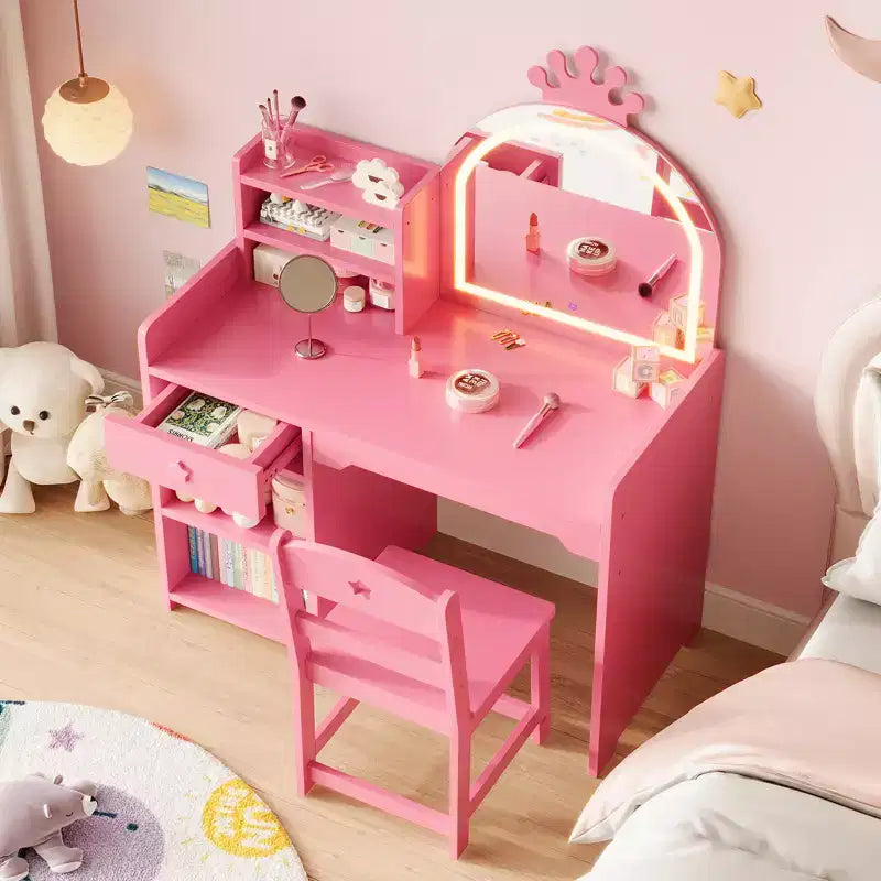 Toeletta per bambine con luci, tavolo da trucco per principesse 2 in 1 con sedia, libreria aperta, armadietto e mensole per bambine