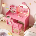 Toeletta per bambine con luci, tavolo da trucco per principesse 2 in 1 con sedia, libreria aperta, armadietto e mensole per bambine
