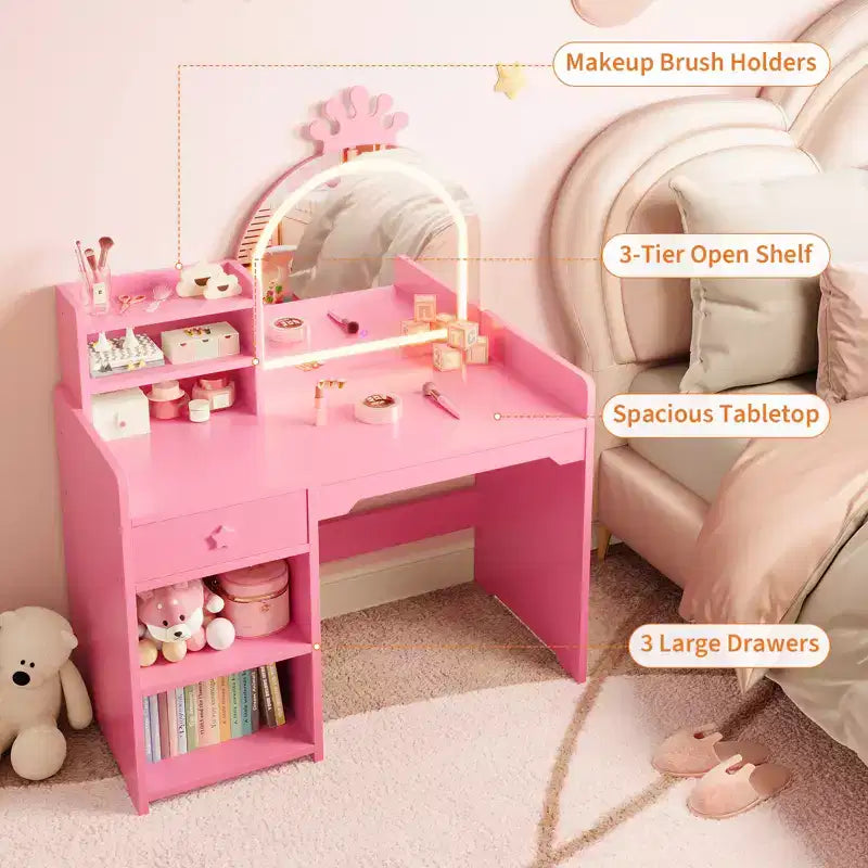 Toeletta per bambine con luci, tavolo da trucco per principesse 2 in 1 con sedia, libreria aperta, armadietto e mensole per bambine