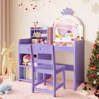Toeletta per bambine con luci, tavolo da trucco per principesse 2 in 1 con sedia, libreria aperta, armadietto e mensole per bambine