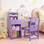 Toeletta per bambine con luci, tavolo da trucco per principesse 2 in 1 con sedia, libreria aperta, armadietto e mensole per bambine