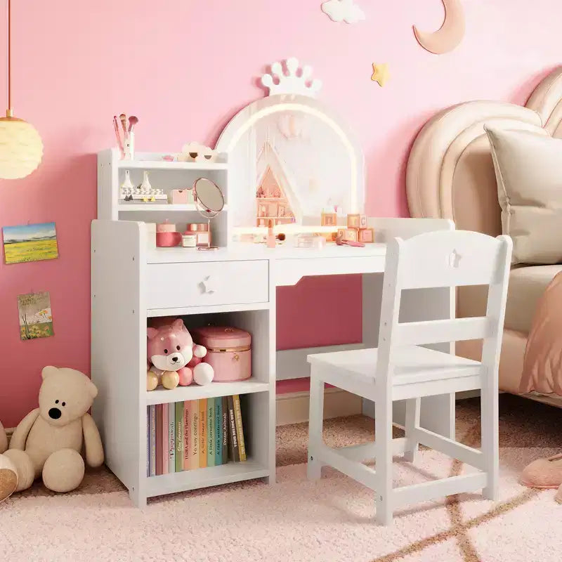Toeletta per bambine con luci, tavolo da trucco per principesse 2 in 1 con sedia, libreria aperta, armadietto e mensole per bambine