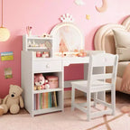 Toeletta per bambine con luci, tavolo da trucco per principesse 2 in 1 con sedia, libreria aperta, armadietto e mensole per bambine