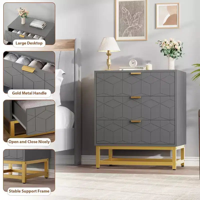 Cassettiera Moderna a 3 Cassetti in Legno, Cassettiera con Maniglie Dorate, Comodino e Mobile Contenitore da Camera da Letto