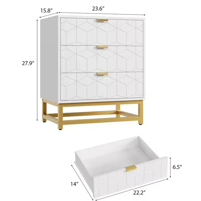 Cassettiera Moderna a 3 Cassetti in Legno, Cassettiera con Maniglie Dorate, Comodino e Mobile Contenitore da Camera da Letto