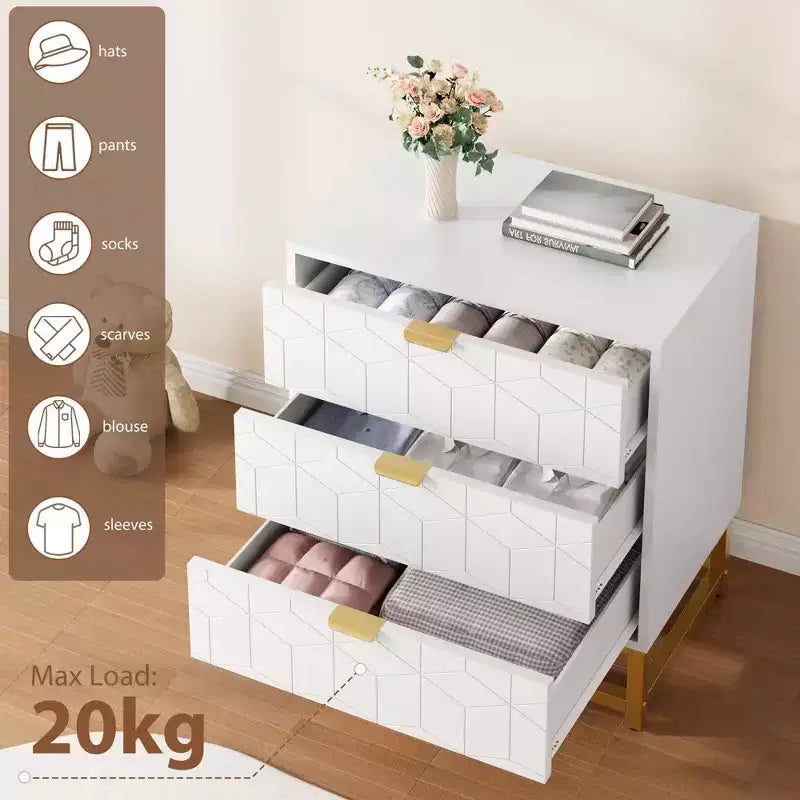 Cassettiera Moderna a 3 Cassetti in Legno, Cassettiera con Maniglie Dorate, Comodino e Mobile Contenitore da Camera da Letto
