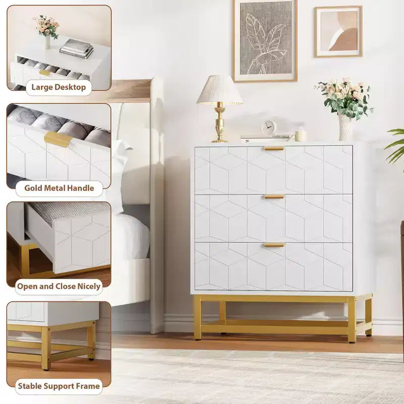Cassettiera Moderna a 3 Cassetti in Legno, Cassettiera con Maniglie Dorate, Comodino e Mobile Contenitore da Camera da Letto