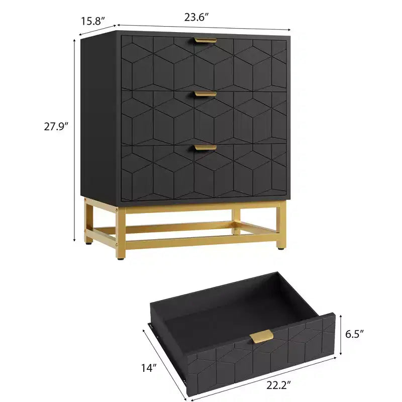 Cassettiera Moderna a 3 Cassetti in Legno, Cassettiera con Maniglie Dorate, Comodino e Mobile Contenitore da Camera da Letto