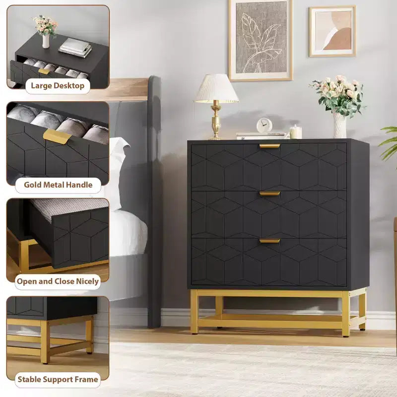 Cassettiera Moderna a 3 Cassetti in Legno, Cassettiera con Maniglie Dorate, Comodino e Mobile Contenitore da Camera da Letto