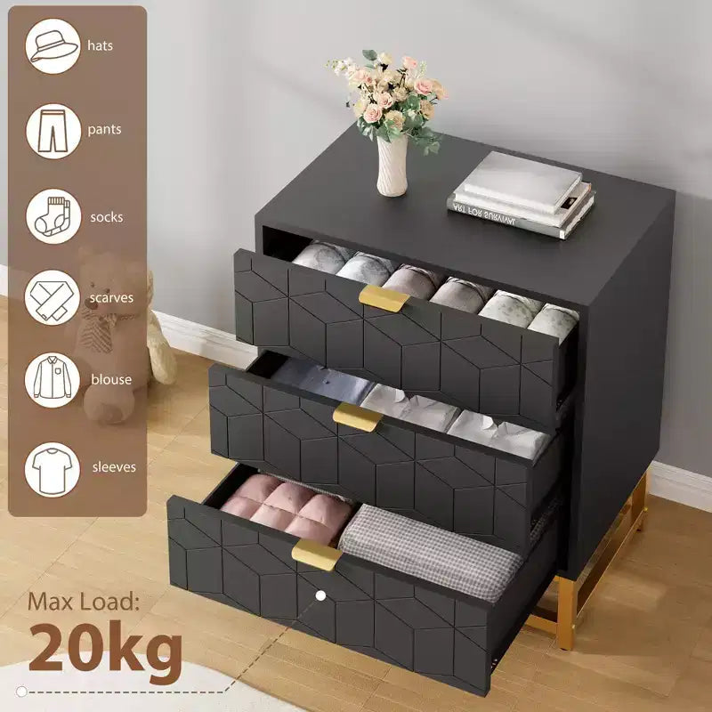 Cassettiera Moderna a 3 Cassetti in Legno, Cassettiera con Maniglie Dorate, Comodino e Mobile Contenitore da Camera da Letto